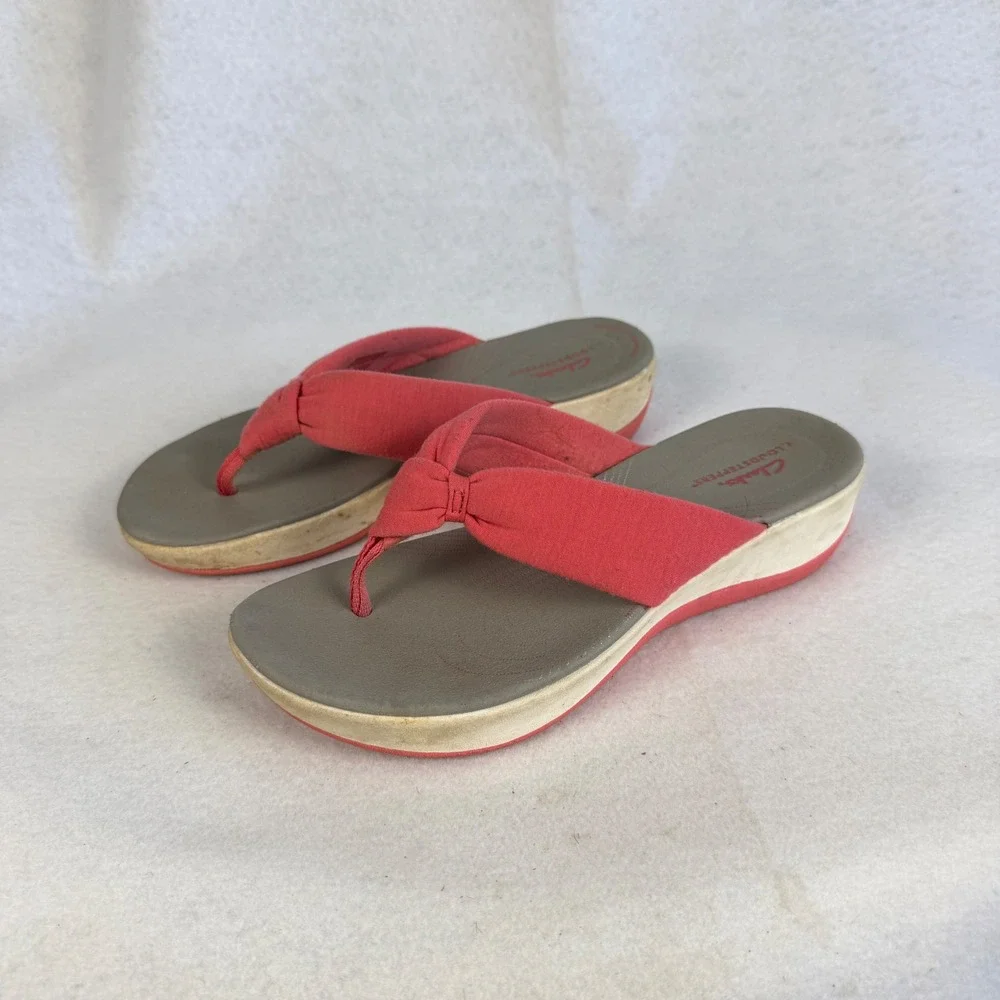 Clarks Cloudsteppers Arla Glitz‎ Coral Pink Wedge Sandals Womens US 8 UK 5.5